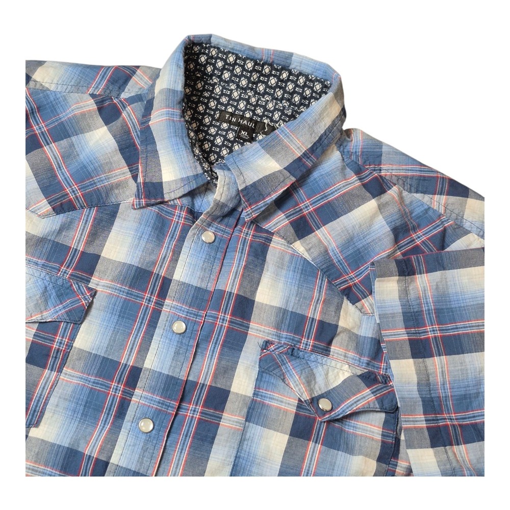 Tin Haul Short Sleeve‎ Pearl Snap Button Western Shirt Blue Plaid Men's XL
